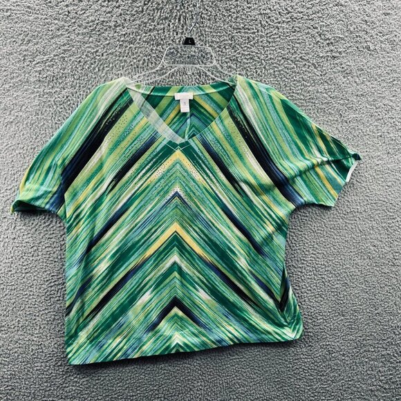 Chicos Womens Top 3 Extra Large Green Black Embellished Short Sleeve‎ Shirt - Picture 1 of 10